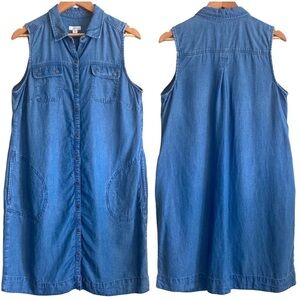 J. JILL Denim Linen Tencel Blend Chambray Sleeveless Button Down Shirt Dress M